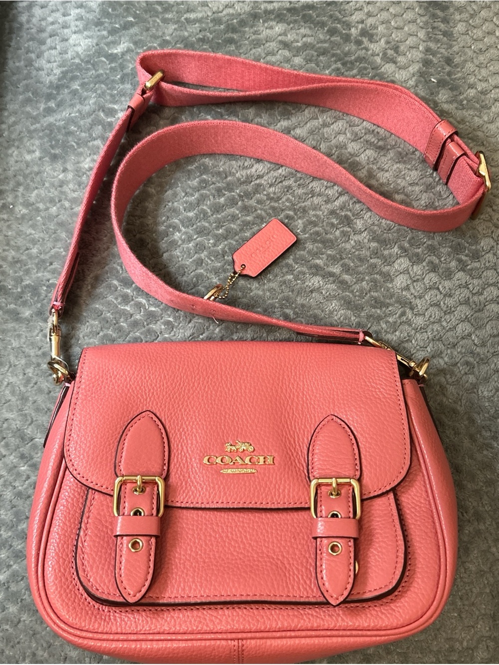 Coach Coral Pink Pebbled Leather Crossbody Satchel with Gold Hardware